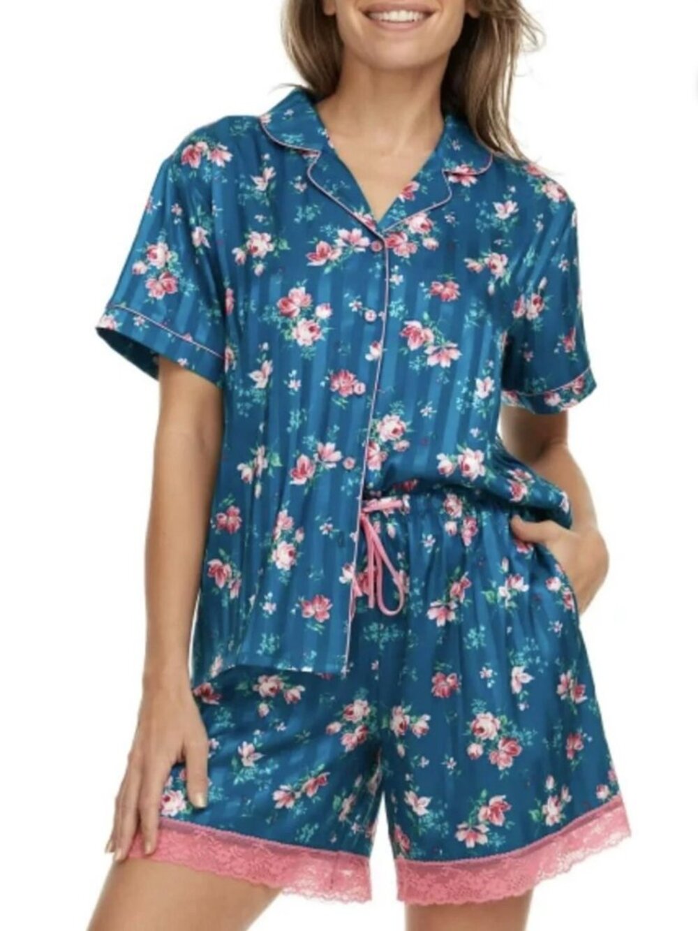 Women's 2 Piece Relaxed Fit Soft Satin Notch Collar Teal Blue Pajama Set